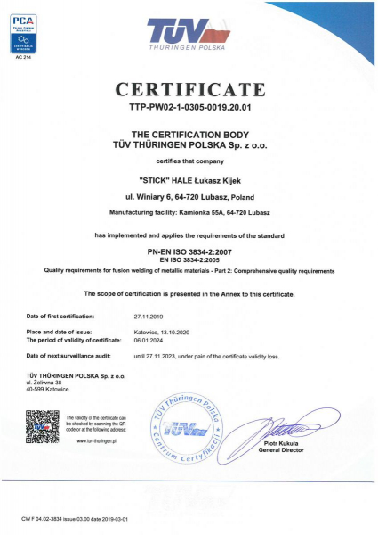 Certificate of compliance with ISO 3834