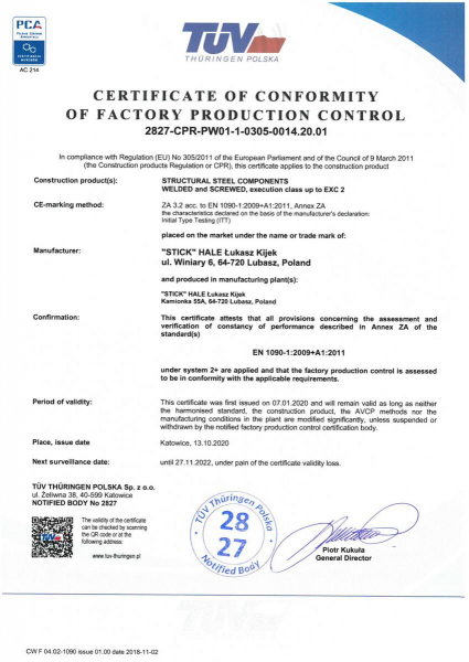 Certificate of conformity of factory production control