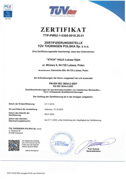 Zertifikat der Übereinstimmung mit ISO 3834